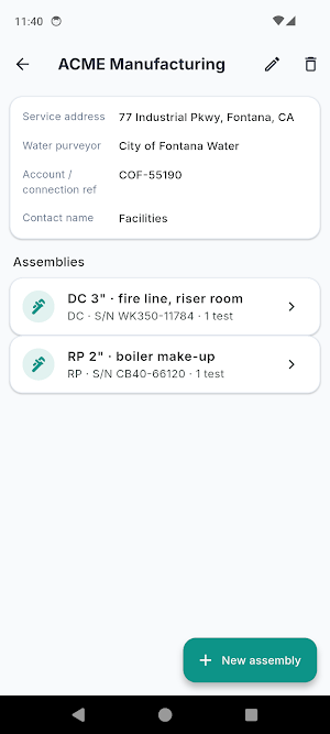 Backflow Test Report Log Screenshot 1