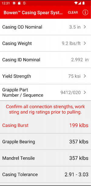 Bowen Casing Spear Calculator Screenshot 1