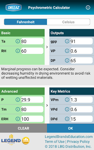 Dri-Eaz Psychrometric Calculator Screenshot 0