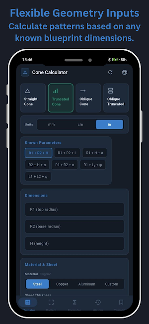 Cone Flat Pattern Calculator Screenshot 2