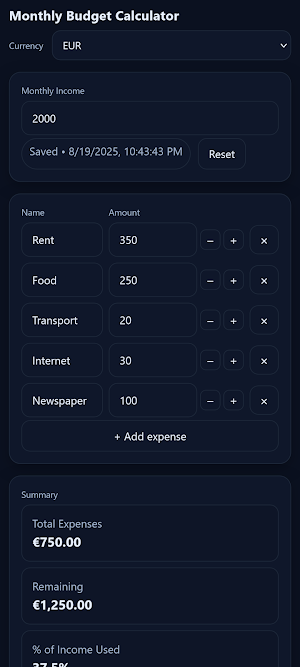 Monthly Budget Calculator Screenshot 2