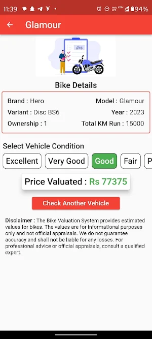 Used Bike Valuation Screenshot 1