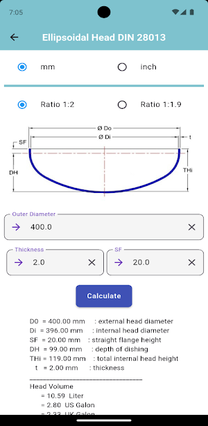 Pressure Vessel Volume Calc Screenshot 2