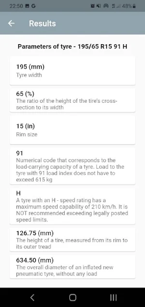 Tire Size Calculator Screenshot 2