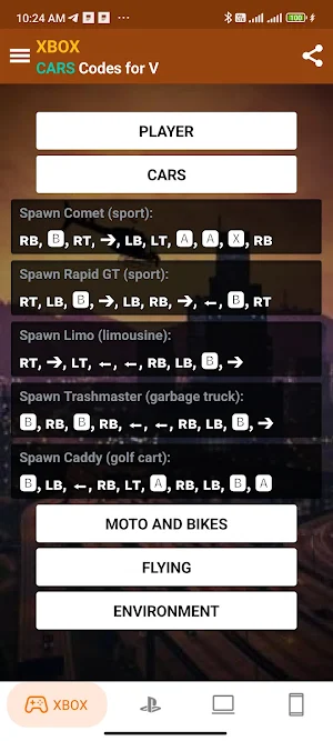 V Game Control Codes Screenshot 1
