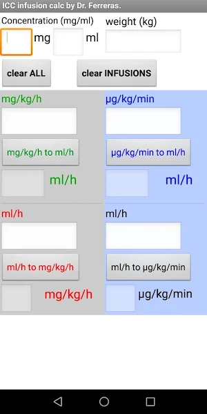 Anesthesia ICC infusion calculator mg/kg/h µg/kg/m Screenshot 1