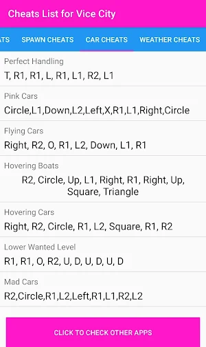 Cheat Codes List for V City Screenshot 3