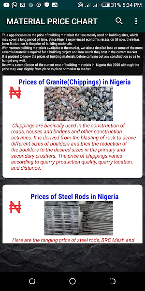 Building Construction Material Price Chart Screenshot 2