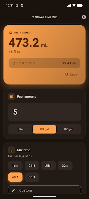 2 Stroke Fuel Mix Calculator Screenshot 1