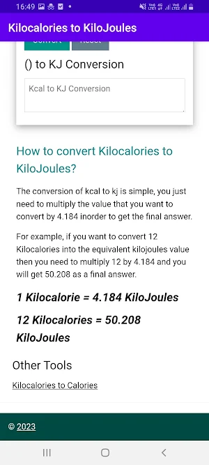 Kilocalories to KiloJoules Screenshot 2