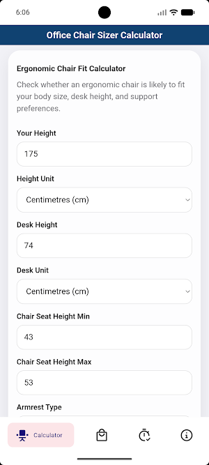 Office Chair Sizer Calculator Screenshot 0