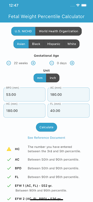 Fetal Percentile Calculator Screenshot 2