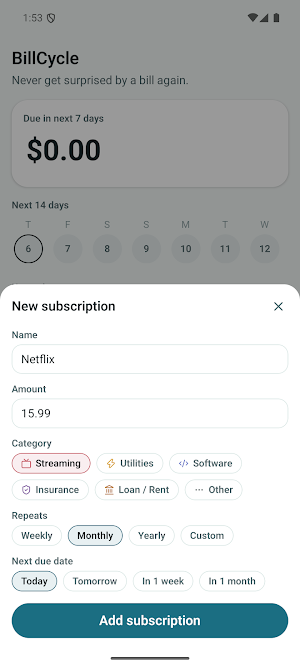 BillCycle Screenshot 2
