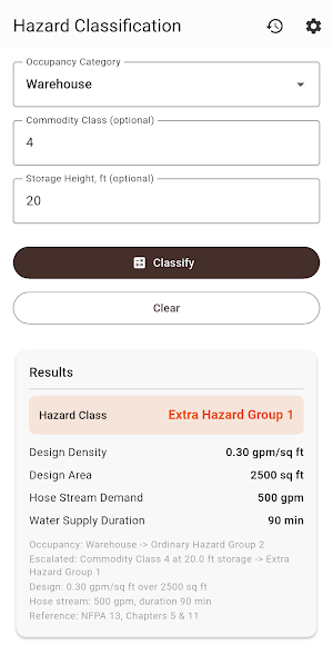 Hazard Classification NFPA 13 Screenshot 1