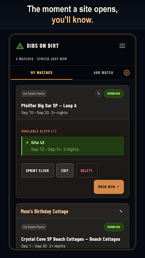 Dibs on Dirt: Campsite Alerts Screenshot 1