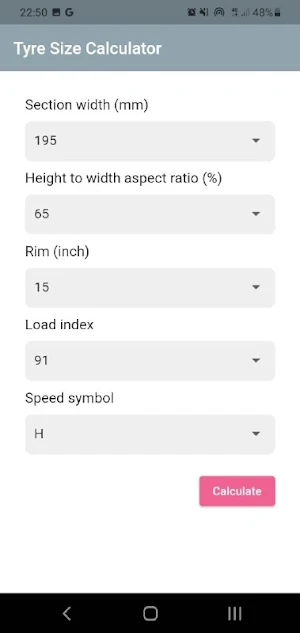 Tire Size Calculator Screenshot 1