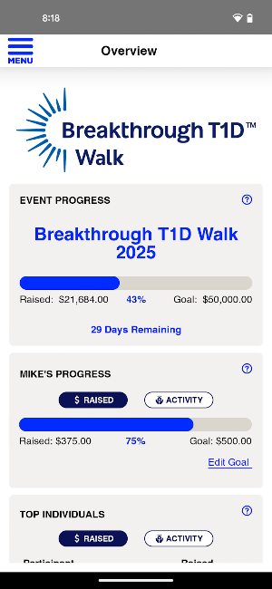 Breakthrough T1D Fundraising Screenshot 1