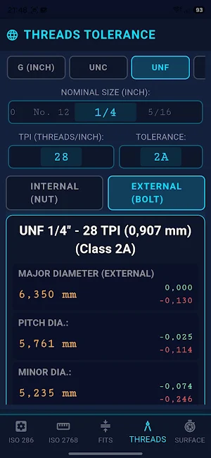 CNC Thread & Fit Calculator Screenshot 2
