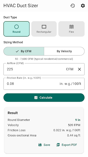 HVAC Duct Sizing Calculator Screenshot 1