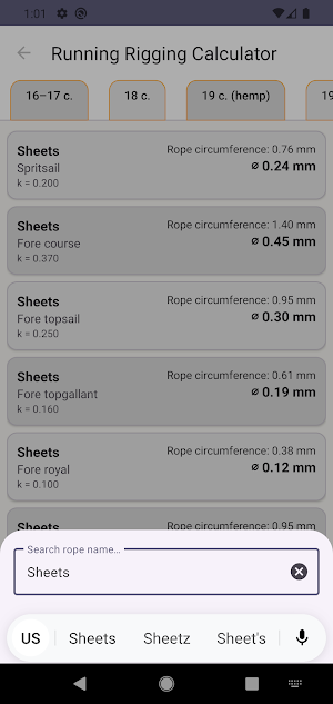 Running rigging sizes Screenshot 3