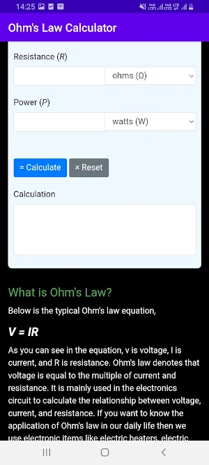 Ohm's Law Calculator Screenshot 1