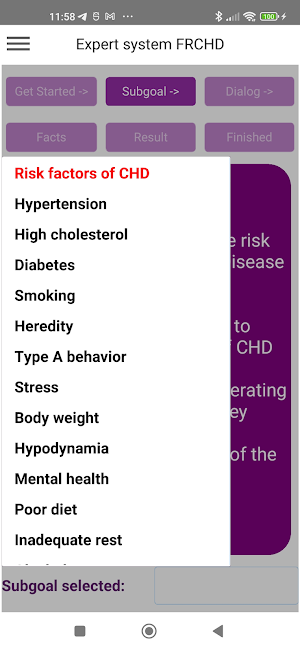 Expert system:risk factors CHD Screenshot 3