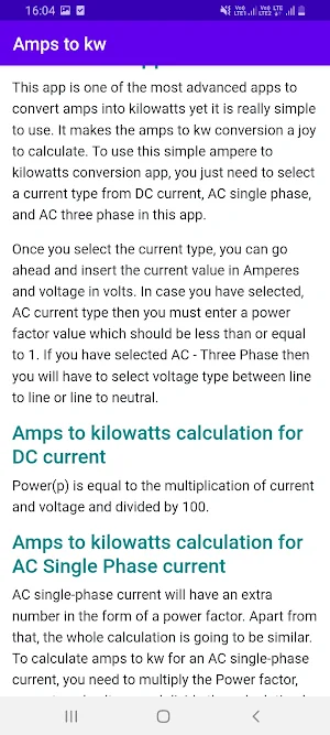 AMPs to KW (Kilowatts) Screenshot 2