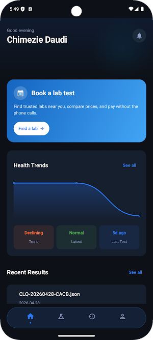 Cliniqa: Lab Results & Booking Screenshot 1