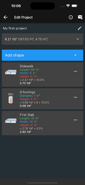 Concrete Estimator/Calculator Screenshot 1