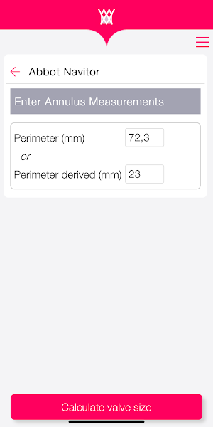 TAVR Sizing Screenshot 1