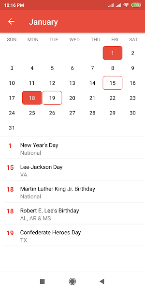United States Federal and State Holidays 2021 Screenshot 1