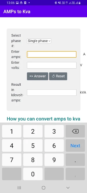 AMPs to Kva Converter Screenshot 3