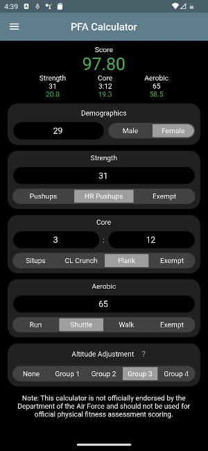 USSF/USAF PFA Calculator Screenshot 0