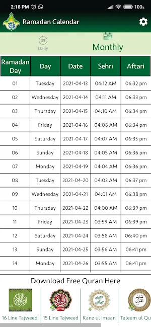 Ramzan Calendar 2021 - Time Table -  Taj Company Screenshot 1