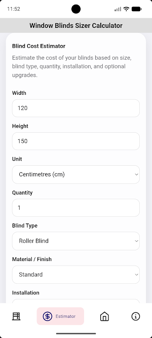 Window Blinds Sizer Calculator Screenshot 1