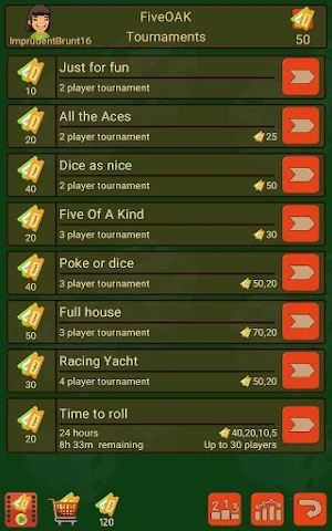 FiveOAK, yatzy dice game, tournament edition. Screenshot 1