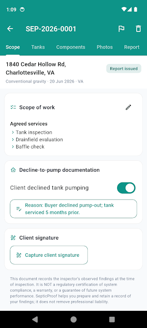 SepticProof: Inspection Log Screenshot 1
