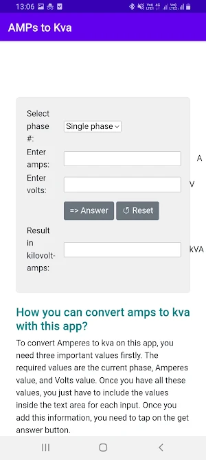 AMPs to Kva Converter Screenshot 1