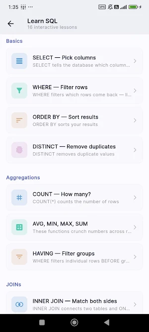 SQLite Editor & SQL Learner Screenshot 2