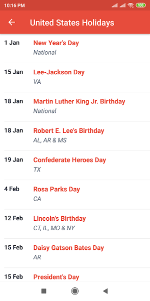 United States Federal and State Holidays 2021 Screenshot 2