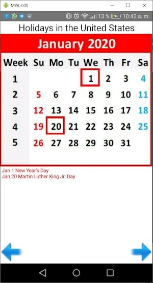 Holiday Calendar in english Screenshot 0