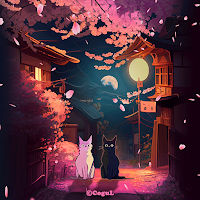 카카오톡 테마 - 벚꽃이 핀 밤과 검은 고양이