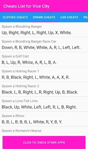 Cheat Codes List for V City Screenshot 2