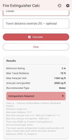Fire Extinguisher Calc NFPA 10 Screenshot 1