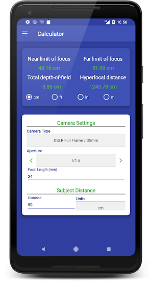 DOF Calculator Screenshot 2
