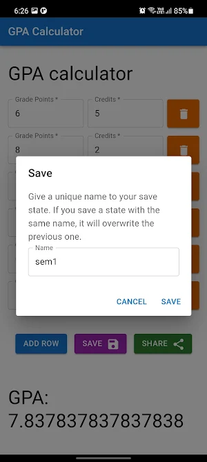 CGPA and SGPA Calculator Screenshot 2