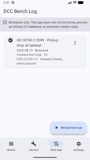 DCC Bench Log Screenshot 0
