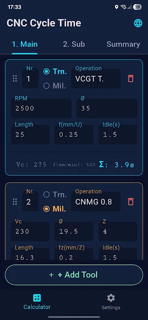 CNC Cycle Time Calculator Screenshot 2