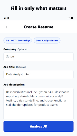 F-1 Resume Builder: US Jobs Screenshot 1