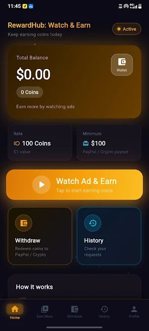 RewardHub: Watch Ads Earn Cash Screenshot 1